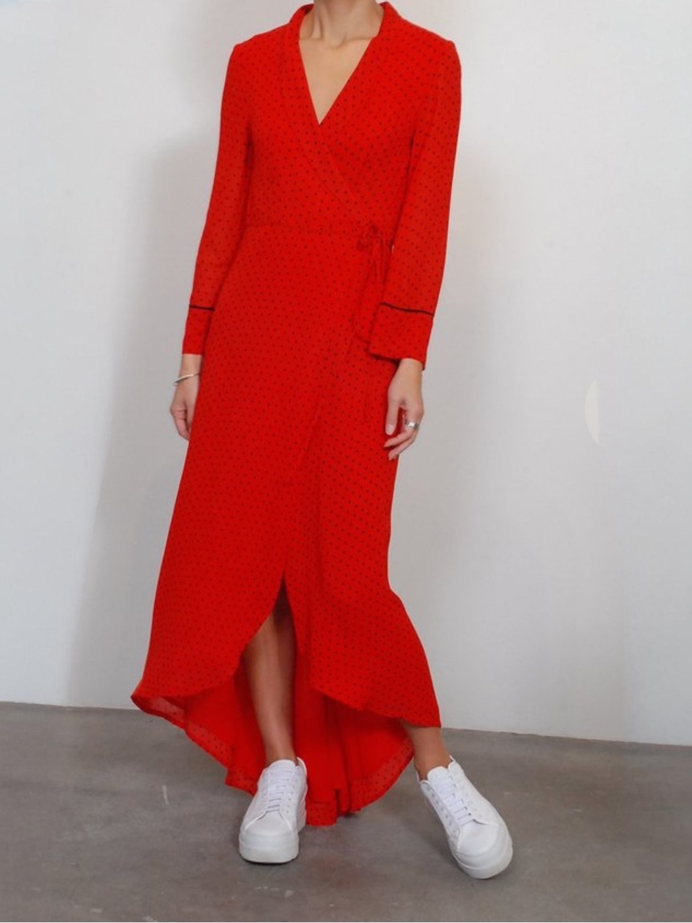 Ganni Mullin Georgette Wrap Maxi Dress Fiery Red Polka Dot Size 36 Small NWT